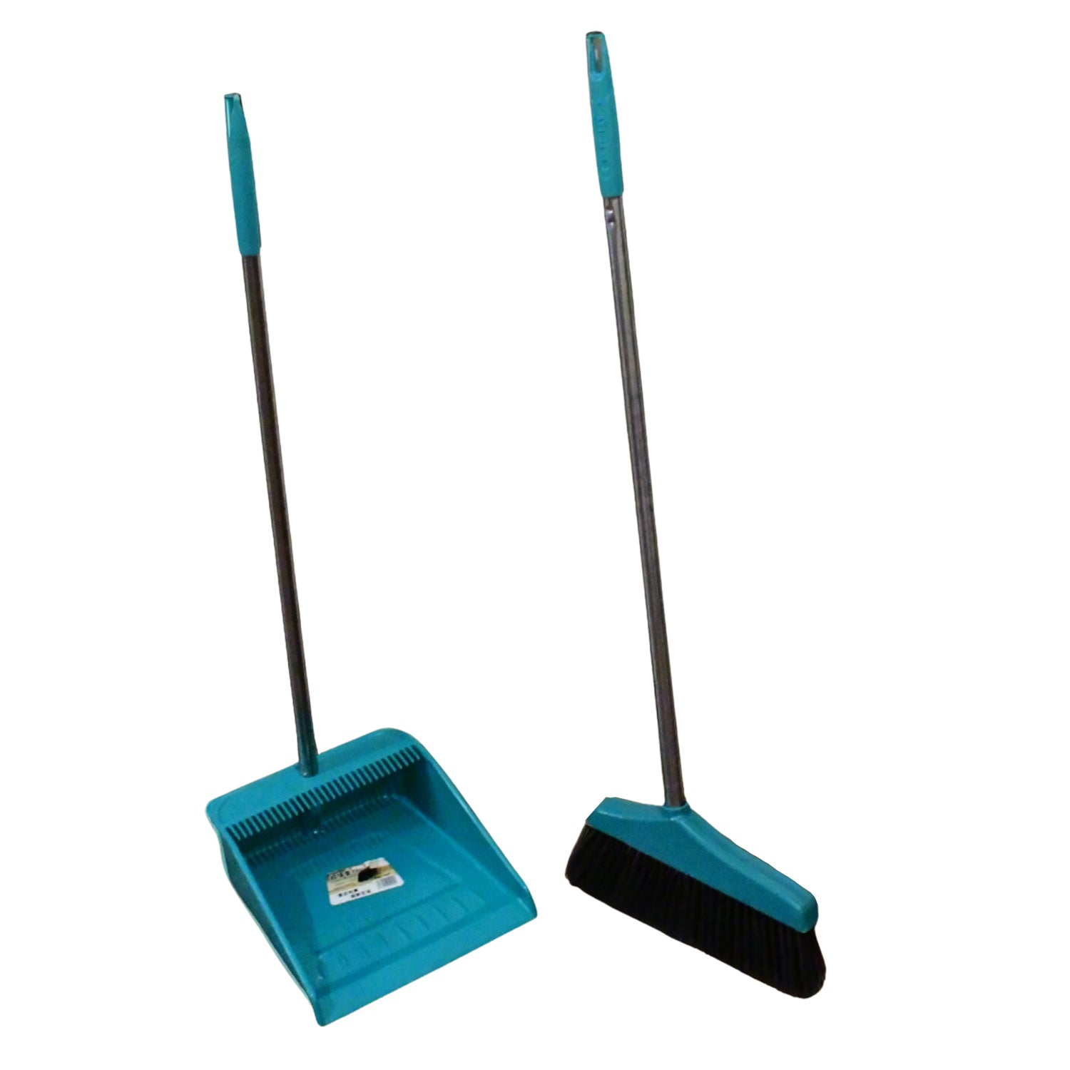 Dustpan and brush set with extended handles, suitable for sweeping and cleaning tasks. Dustpan and brush set with extended handles, suitable for sweeping and cleaning tasks.